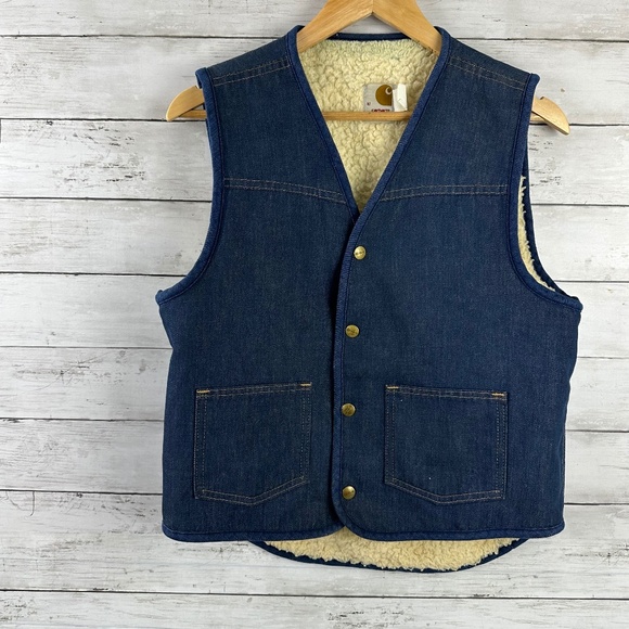 Vtg Carhartt‎ Vest Blue Denim Sherpa Lined Snap USA Men’s Medium Jean Workwear - Picture 1 of 11